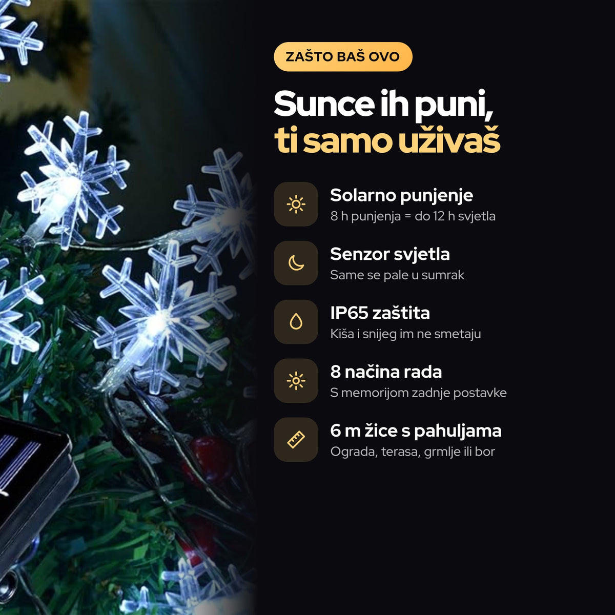 Solarne Božićne lampice - Pahulja 6m – prednosti